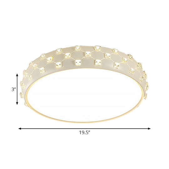 Modern Drum Ceiling Light With Crystal Square - White & Led Flush Lamp For Bedroom
