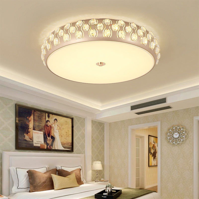 Contemporary Gold Led Drum Ceiling Mount Light With Crystal Beads For Bedroom