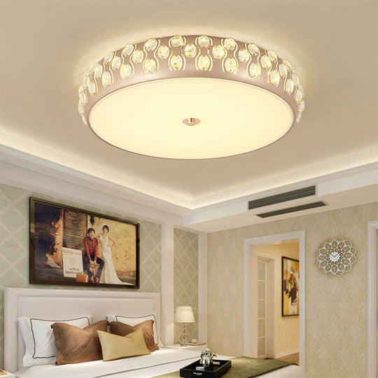 Contemporary Gold Led Drum Ceiling Mount Light With Crystal Beads For Bedroom