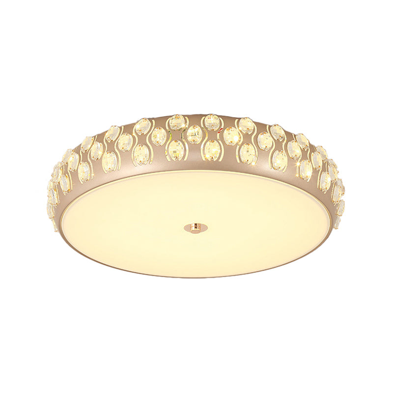 Contemporary Gold Led Drum Ceiling Mount Light With Crystal Beads For Bedroom