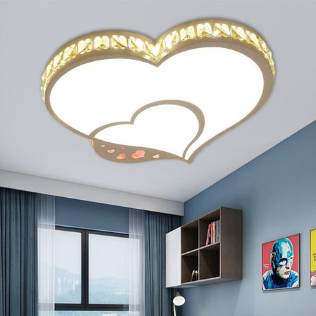 Modern Acrylic Led Double Heart Ceiling Fixture - White Flush Mount Light For Kid Bedroom With Clear