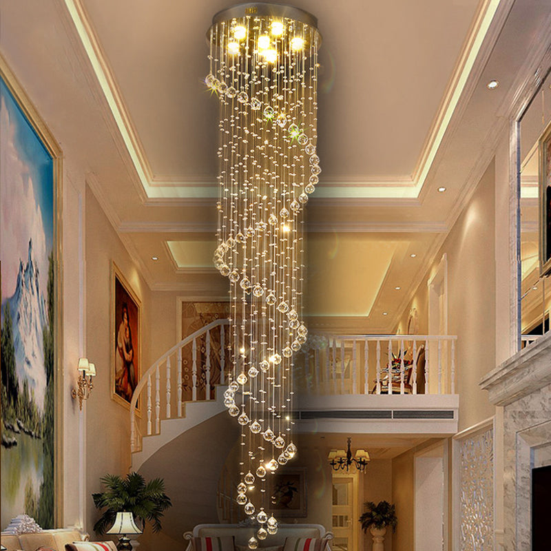 Contemporary Stainless Steel Spiral Ceiling Lamp With Crystal Beaded Flush Mount - 6 Bulbs 86.5 Tall