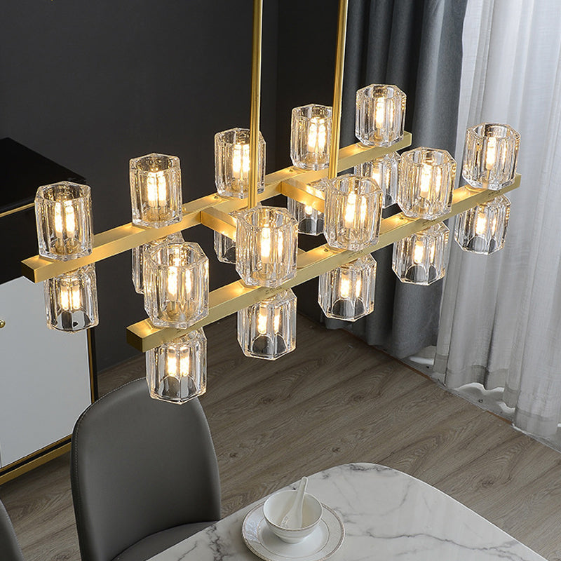 Modern Golden Cylindrical Crystal Pendant Light With 10/20 Island Lights For Dining Tables