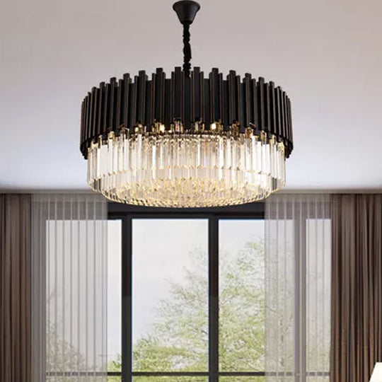Modern Black Crystal Chandelier - Drum Shaped Pendant Lamp For Bedroom 8/12/16-Bulb Options