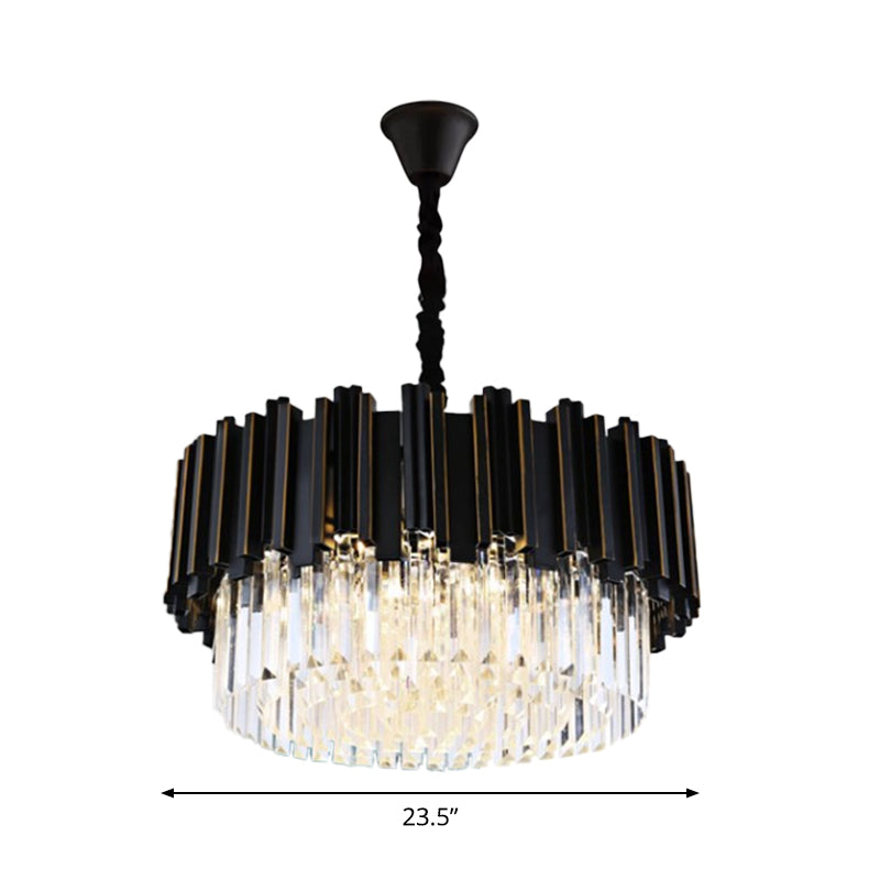 Modern Black Crystal Chandelier - Drum Shaped Pendant Lamp For Bedroom 8/12/16-Bulb Options