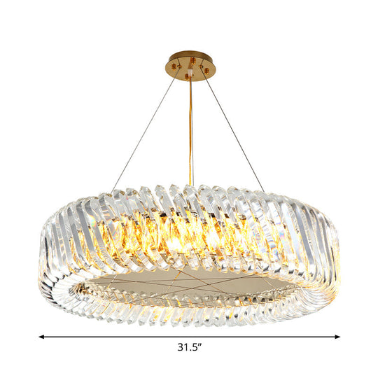 Minimalist 4/8/12-Light Gold Drum Pendant With Clear K9 Crystal Chandelier Fixture