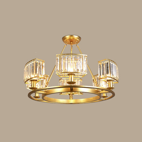 Modern Gold Circle Chandelier Pendant Light With Clear Crystal Prisms - 6/8/10 Bulb Dining Room