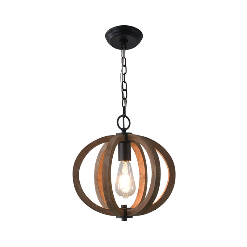 Traditional Wood Geometric Cage Pendant Light For Living Room