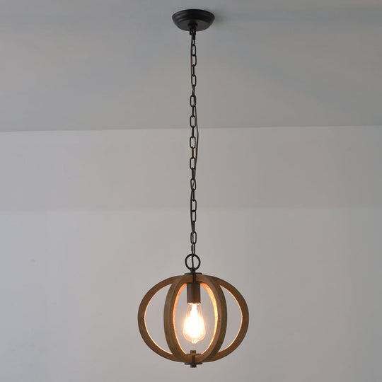 Traditional Wood Geometric Cage Pendant Light For Living Room