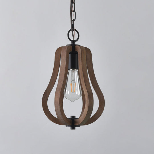 Traditional Wood Geometric Cage Pendant Light For Living Room