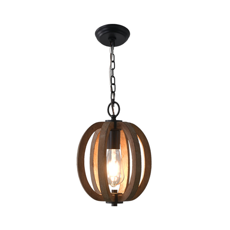 Traditional Wood Geometric Cage Pendant Light For Living Room