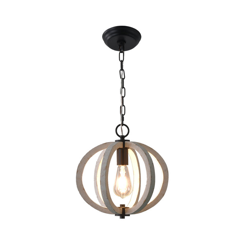 Traditional Wood Geometric Cage Pendant Light For Living Room White / A
