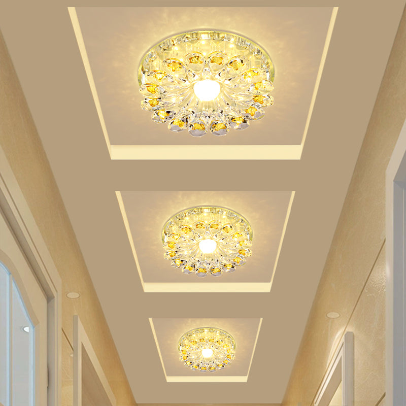 Lotus Crystal Led Flush Mount Lamp - Contemporary Close To Ceiling Light In Chrome