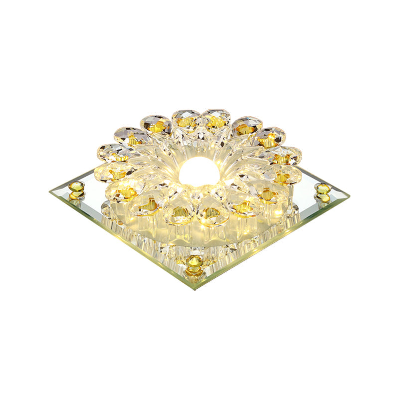 Lotus Crystal Led Flush Mount Lamp - Contemporary Close To Ceiling Light In Chrome