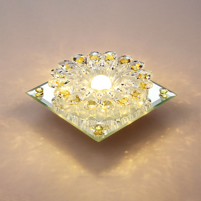 Lotus Crystal Led Flush Mount Lamp - Contemporary Close To Ceiling Light In Chrome