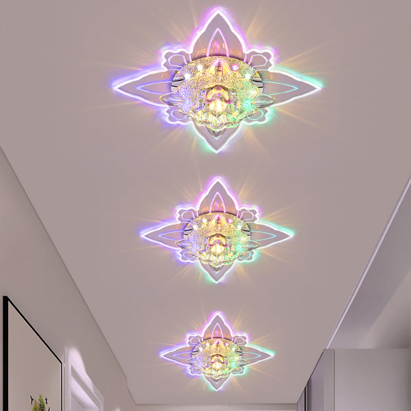 Contemporary Led Flush Light Fixture With Clear Faceted Crystal Shade For Foyer Ceiling / Warm