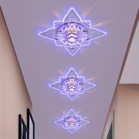 Contemporary Led Flush Light Fixture With Clear Faceted Crystal Shade For Foyer Ceiling