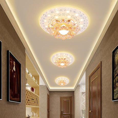 Bloom Crystal Led Ceiling Light With Peacock Feather Pattern For Foyer Flushmount Clear / Warm