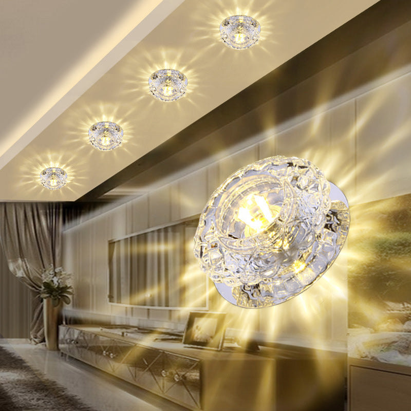 Sleek Led Porch Ceiling Chrome Flushmount Light With Clear Crystal Flower Shade / Warm