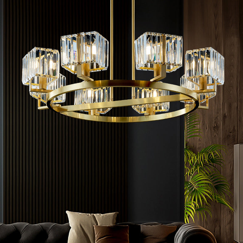 Golden Crystal Rectangle Pendant Chandelier - Sleek Dining Room Lighting Fixture With 4/8/10 Bulbs