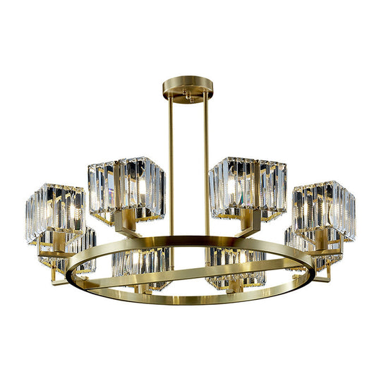 Golden Crystal Rectangle Pendant Chandelier - Sleek Dining Room Lighting Fixture With 4/8/10 Bulbs