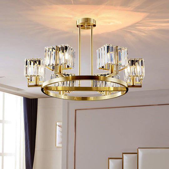 Golden Crystal Rectangle Pendant Chandelier - Sleek Dining Room Lighting Fixture With 4/8/10 Bulbs