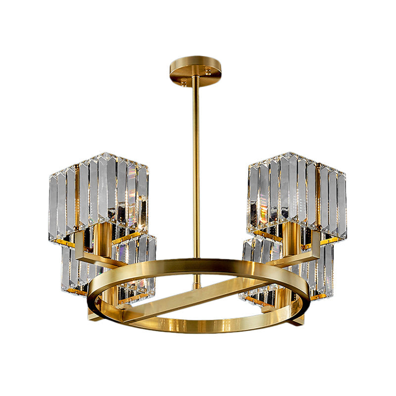 Golden Crystal Rectangle Pendant Chandelier - Sleek Dining Room Lighting Fixture With 4/8/10 Bulbs