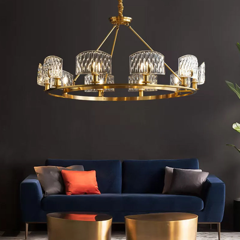 Gold Textured Glass Circle Pendant Light - Mid-Century Chandelier With 6/8/10 Lights For Living Room