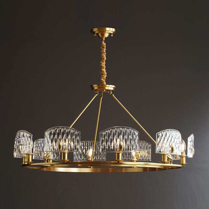 Gold Textured Glass Circle Pendant Light - Mid-Century Chandelier With 6/8/10 Lights For Living Room