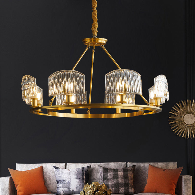 Mid-Century Textured Glass Circle Pendant Light With 6/8/10 Lights In Gold For Living Room