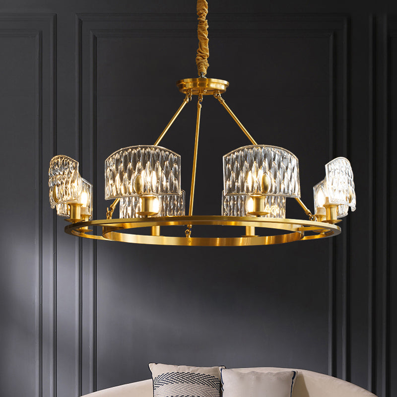 Gold Textured Glass Circle Pendant Light - Mid-Century Chandelier With 6/8/10 Lights For Living Room