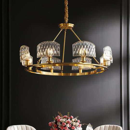 Gold Textured Glass Circle Pendant Light - Mid-Century Chandelier With 6/8/10 Lights For Living Room
