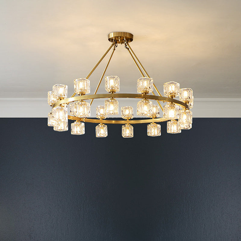 Postmodern Crystal Cube Gold Chandelier - Circle Dining Pendant With 6/12/28 Lights