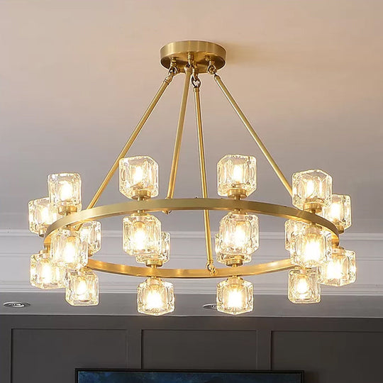 Postmodern Crystal Cube Gold Chandelier - Circle Dining Pendant With 6/12/28 Lights