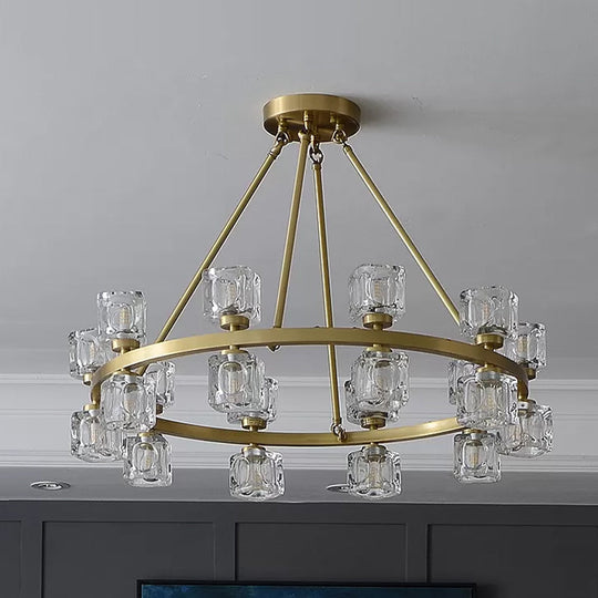 Postmodern Crystal Cube Gold Chandelier - Circle Dining Pendant With 6/12/28 Lights
