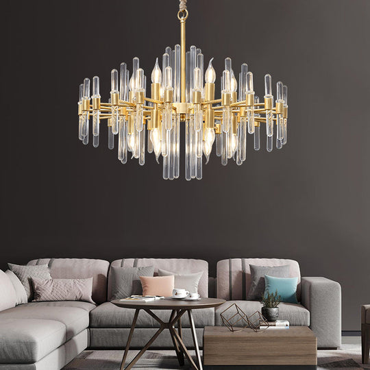 Crystal Rod Drop Chandelier Light - 10 Heads Postmodern Brass Radial Design For Living Room