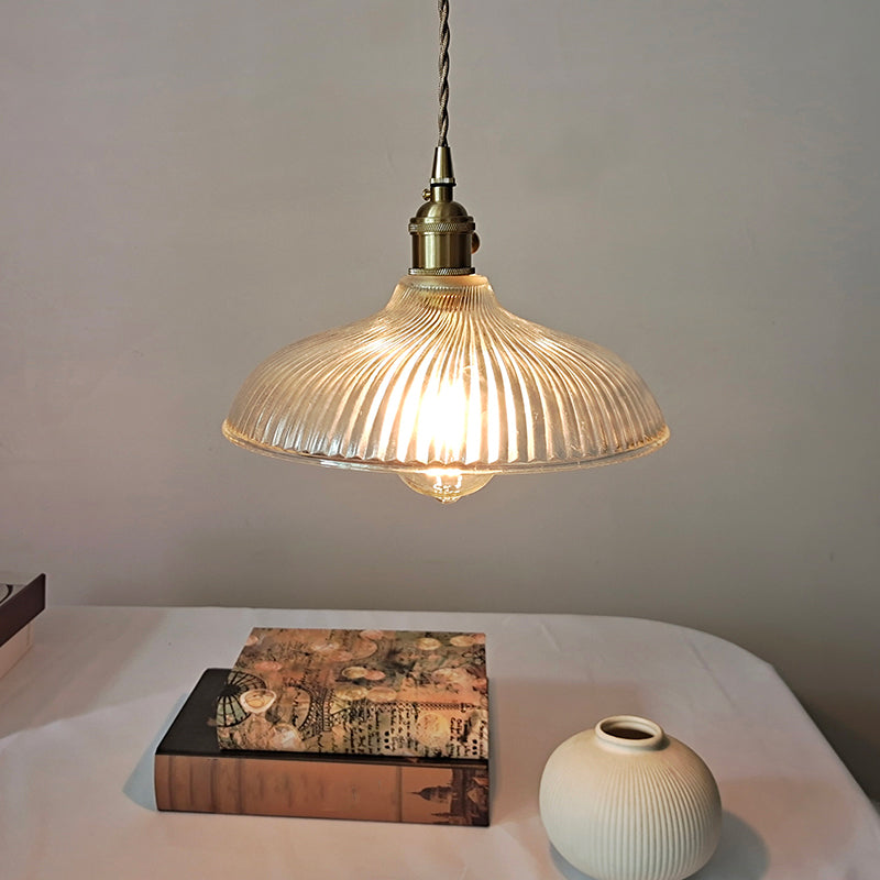 Rustic Brass Pendant Light Fixture With Clear Ribbed Glass Bowl