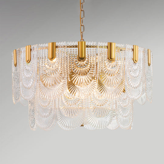 Clear Textured Glass Brass Drop Lamp - Scalloped Chandelier For Classic Dining Room