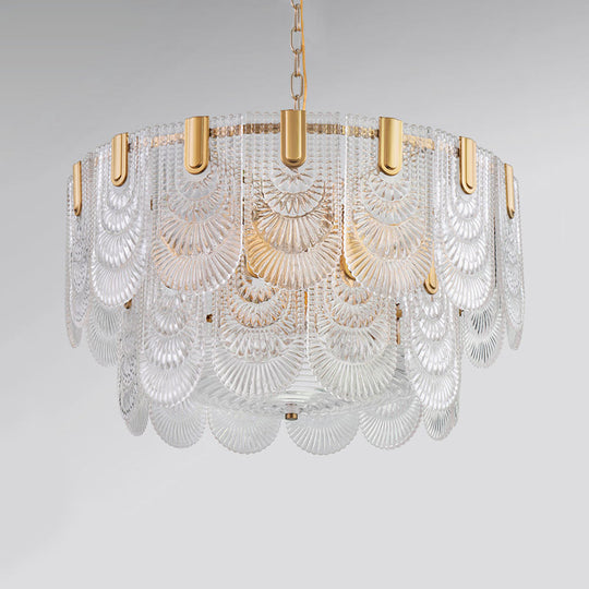 Clear Textured Glass Brass Drop Lamp - Scalloped Chandelier For Classic Dining Room