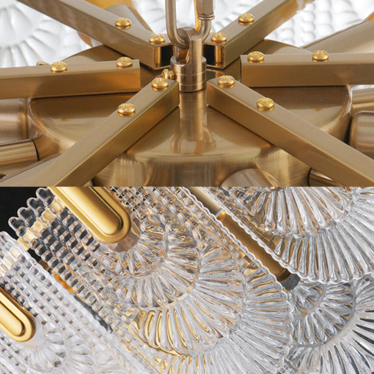Clear Textured Glass Brass Drop Lamp - Scalloped Chandelier For Classic Dining Room