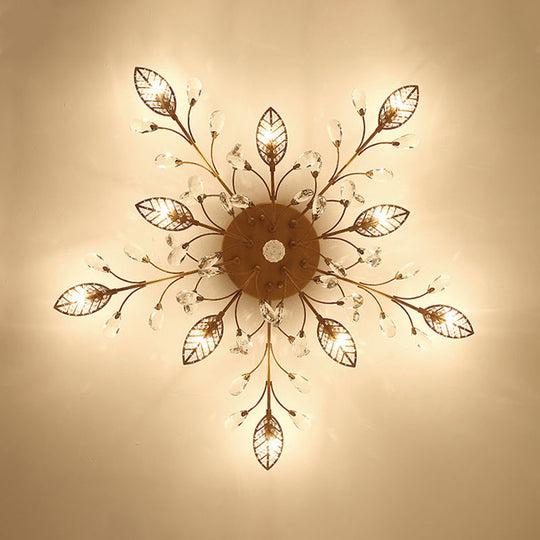Classic Clear Crystal Led Semi-Flush Mount Ceiling Light With Leaf Design For Corridors 10 / Gold