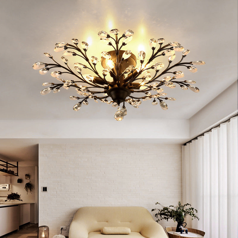 Rustic Crystal Semi-Flush Mount Bedroom Ceiling Light With Entwining Branch Design