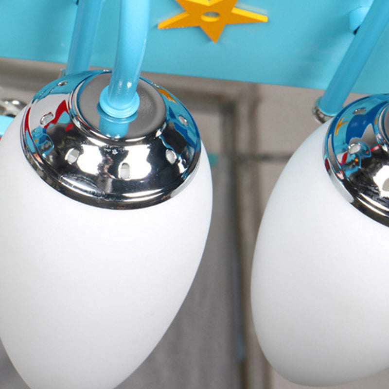 Blue Wooden Propeller Plane Ceiling Lamp With 4 Cartoon Heads - Theme Park Flush Mount Light