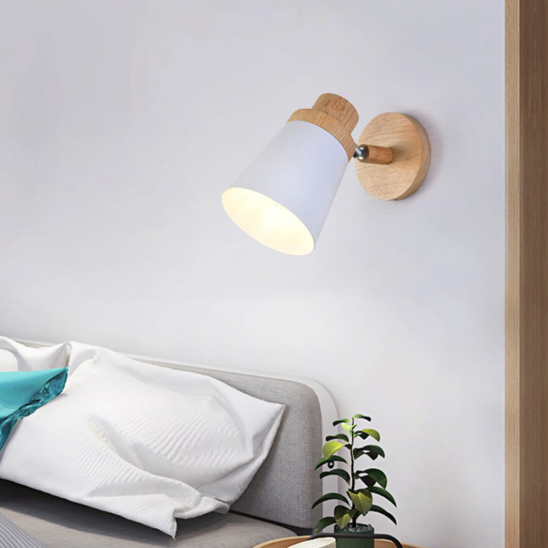 Minimalist Metal 1-Head Barrel Wall Lamp Sconce With Wood Backplate - Stylish Living Room Light