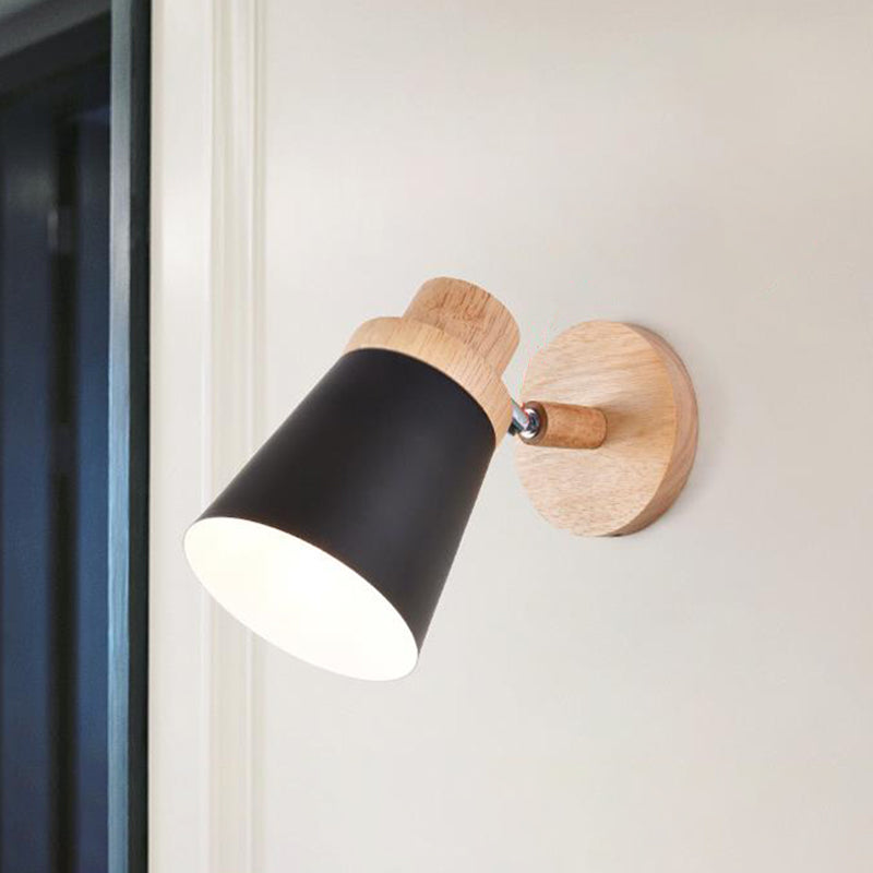 Minimalist Metal 1-Head Barrel Wall Lamp Sconce With Wood Backplate - Stylish Living Room Light