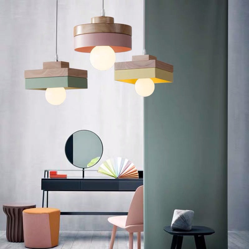 Contemporary Wood Geometry Hanging Ceiling Light - 1-Light Metallic Suspension For Dining Room