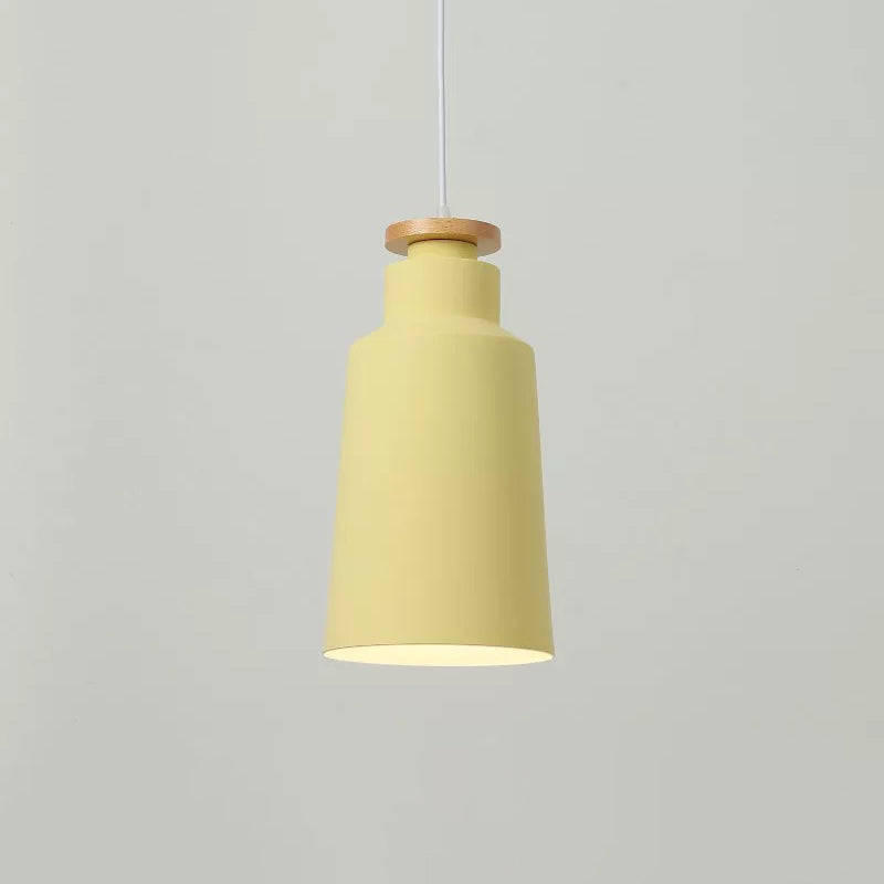Modernist Barrel Wood Suspension Lamp With Metal Shade - 1 Bulb Drop Lighting Fixture Yellow / C