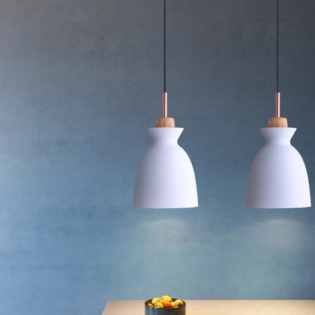 Contemporary Geometric Pendant Lamp With Wood Accent For Dining Room Ceiling White