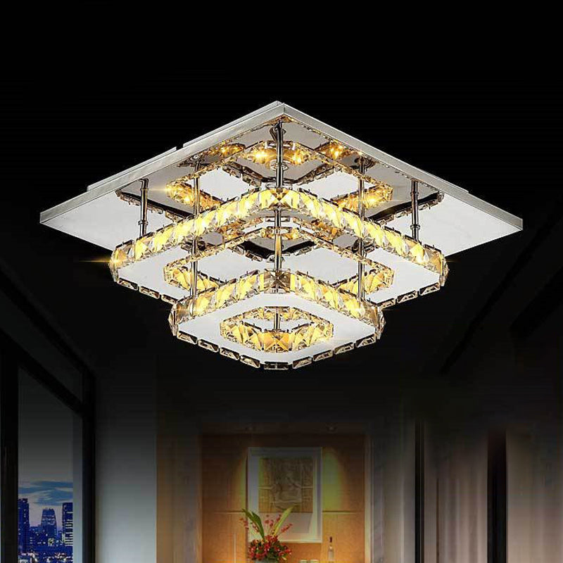 Modern Led Crystal Flush Mount Ceiling Light With Beveled Square Design For Corridor Chrome Finish