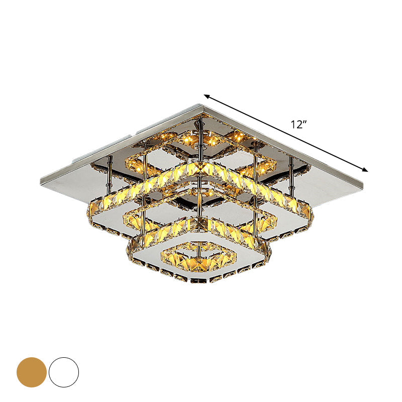 Modern Led Crystal Flush Mount Ceiling Light With Beveled Square Design For Corridor Chrome Finish